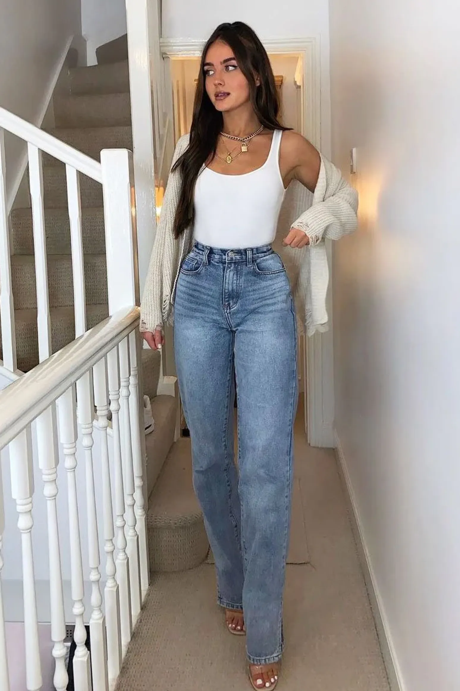 Rebellious Fashion Mid Wash Straight Leg Side Split Hem Jeans - Tashi