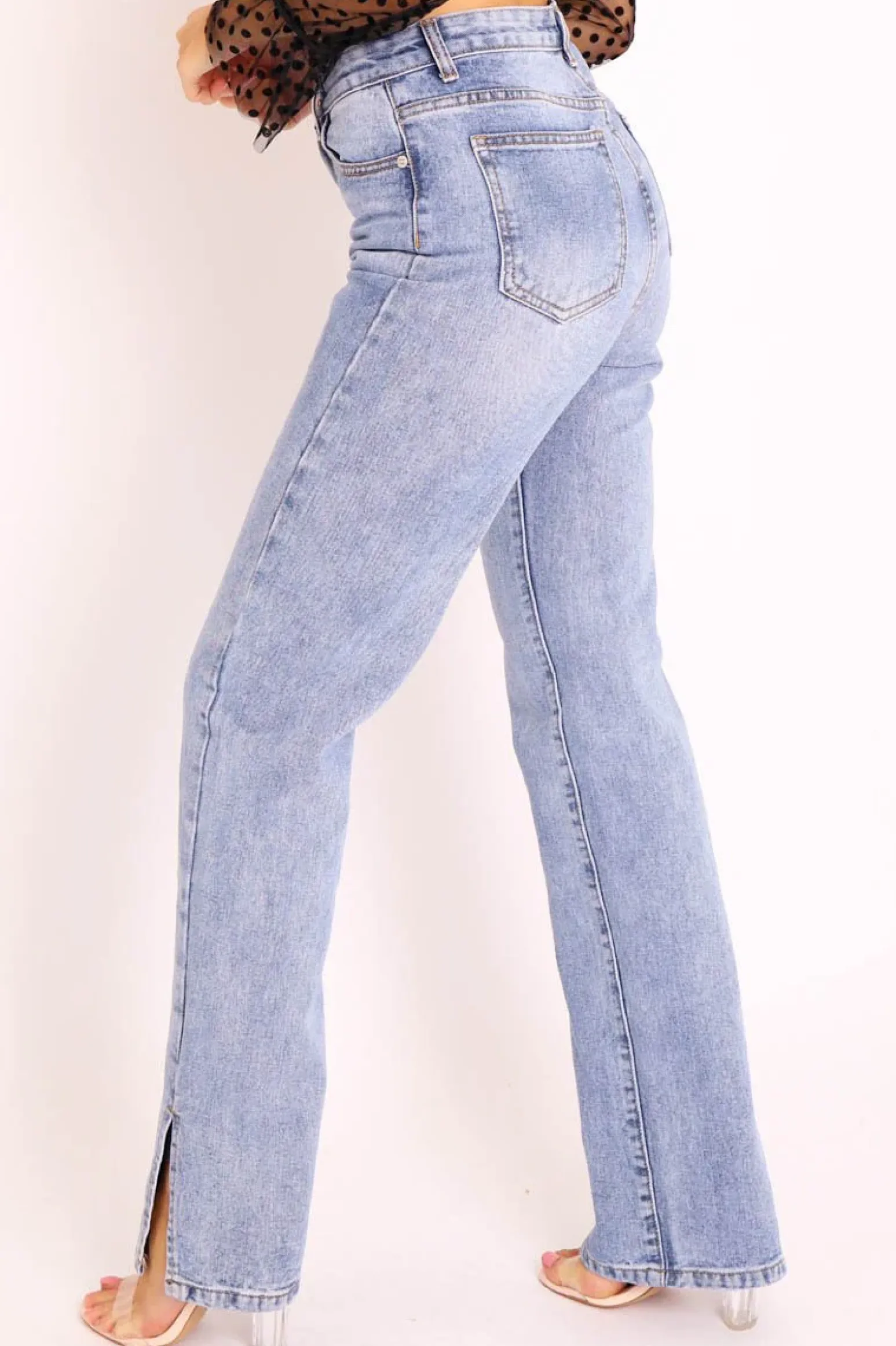 Rebellious Fashion Mid Wash Straight Leg Side Split Hem Jeans - Tashi