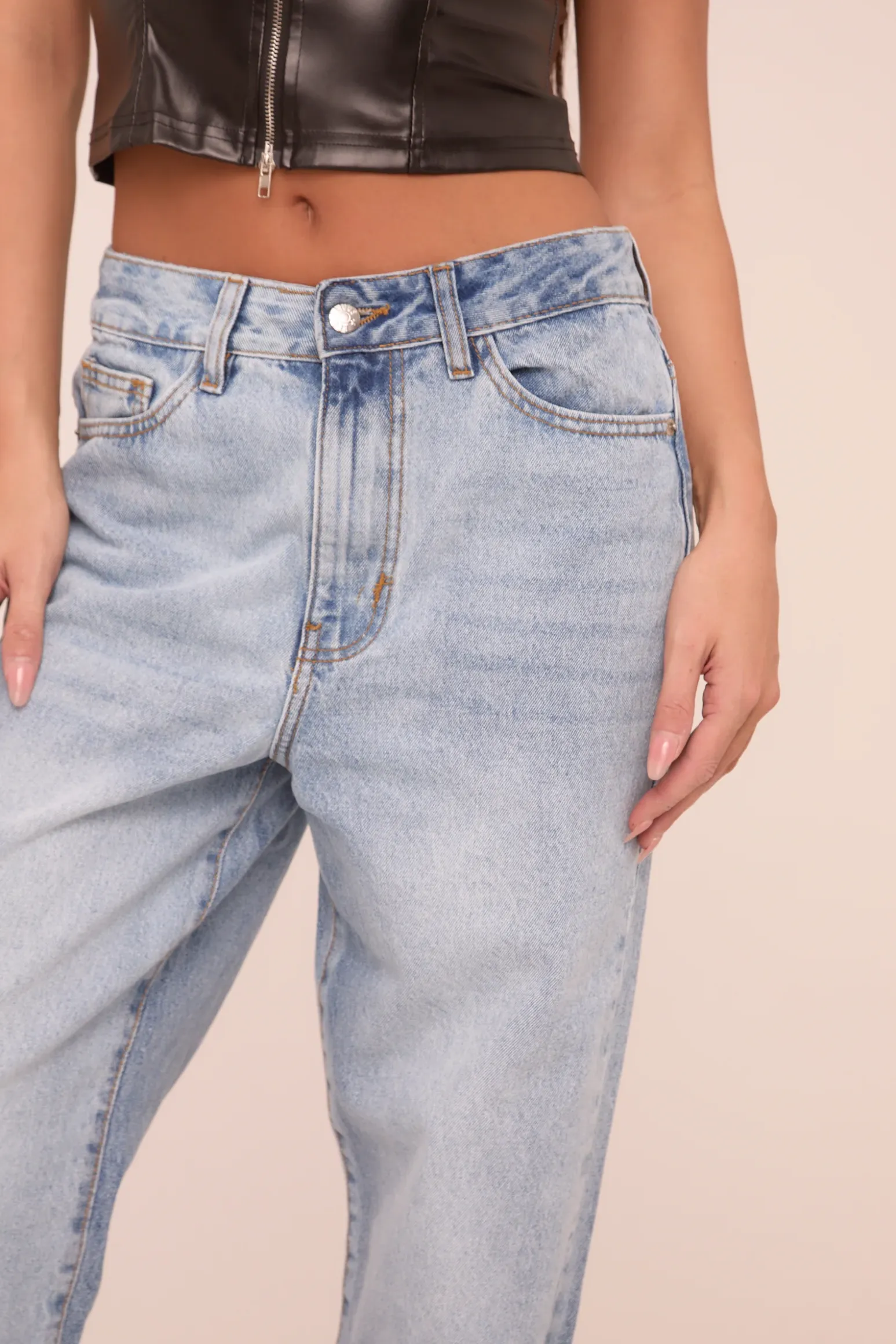 Rebellious Fashion Mid Wash Straight Leg Side Split Hem Jeans - Tashi