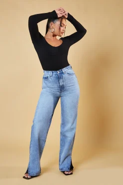 Rebellious Fashion Mid Wash Straight Leg Side Split Hem Jeans - Tashi