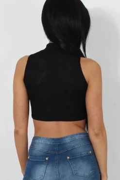 Rebellious Fashion Millie Black Ribbed High Neck Crop Top