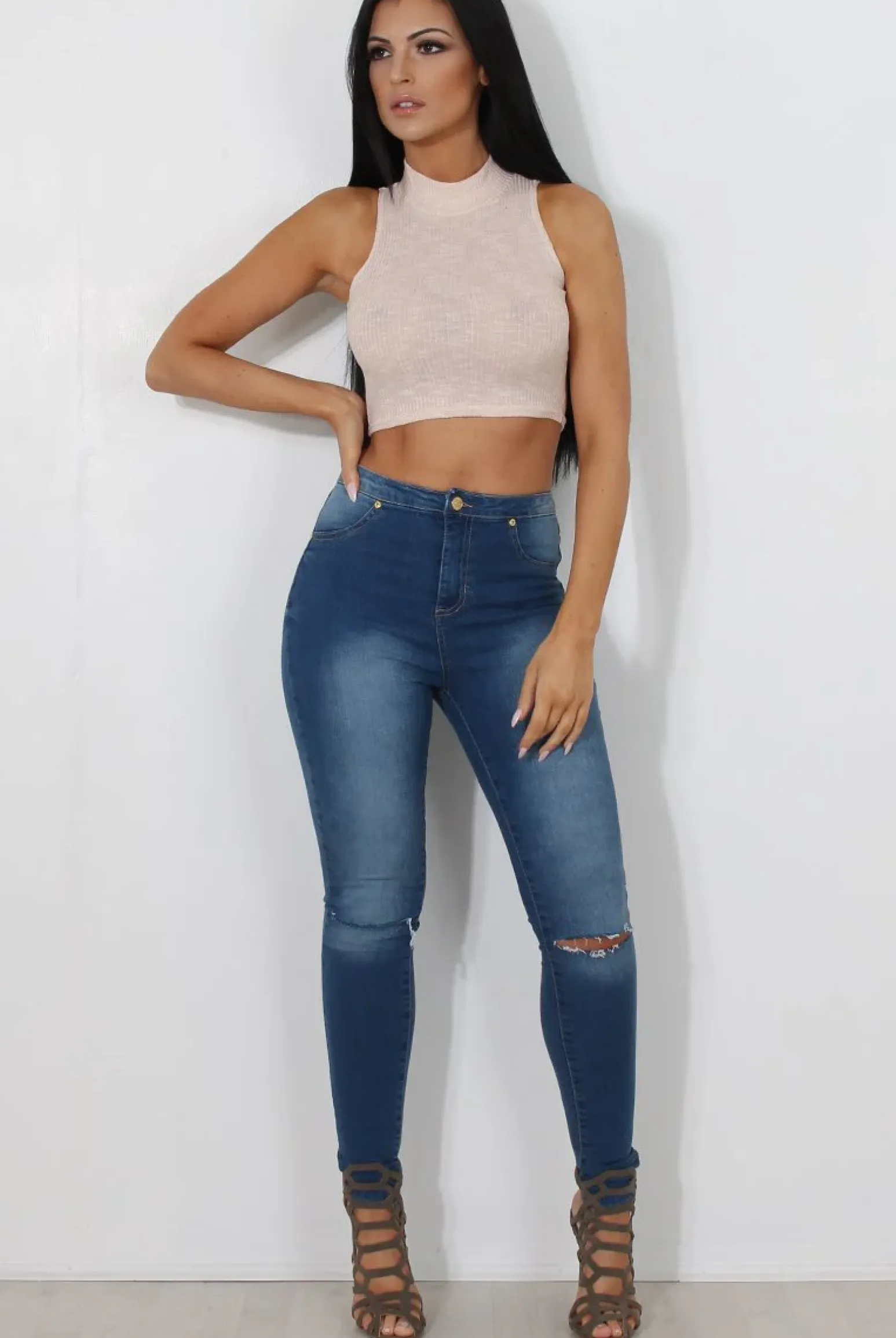 Rebellious Fashion Millie Nude Ribbed High Neck Crop Top