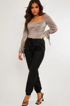 Rebellious Fashion Mink Ruched Panel Tie Wrist Slinky Bodysuit - Elenna