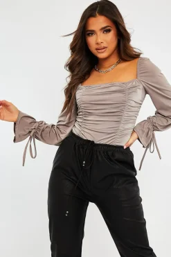 Rebellious Fashion Mink Ruched Panel Tie Wrist Slinky Bodysuit - Elenna