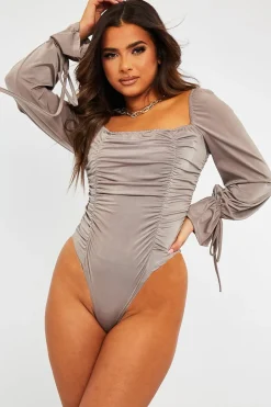 Rebellious Fashion Mink Ruched Panel Tie Wrist Slinky Bodysuit - Elenna