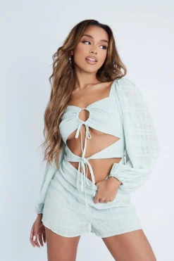 Rebellious Fashion Mint Front Cut Out Long Sleeve Playsuit - Cami