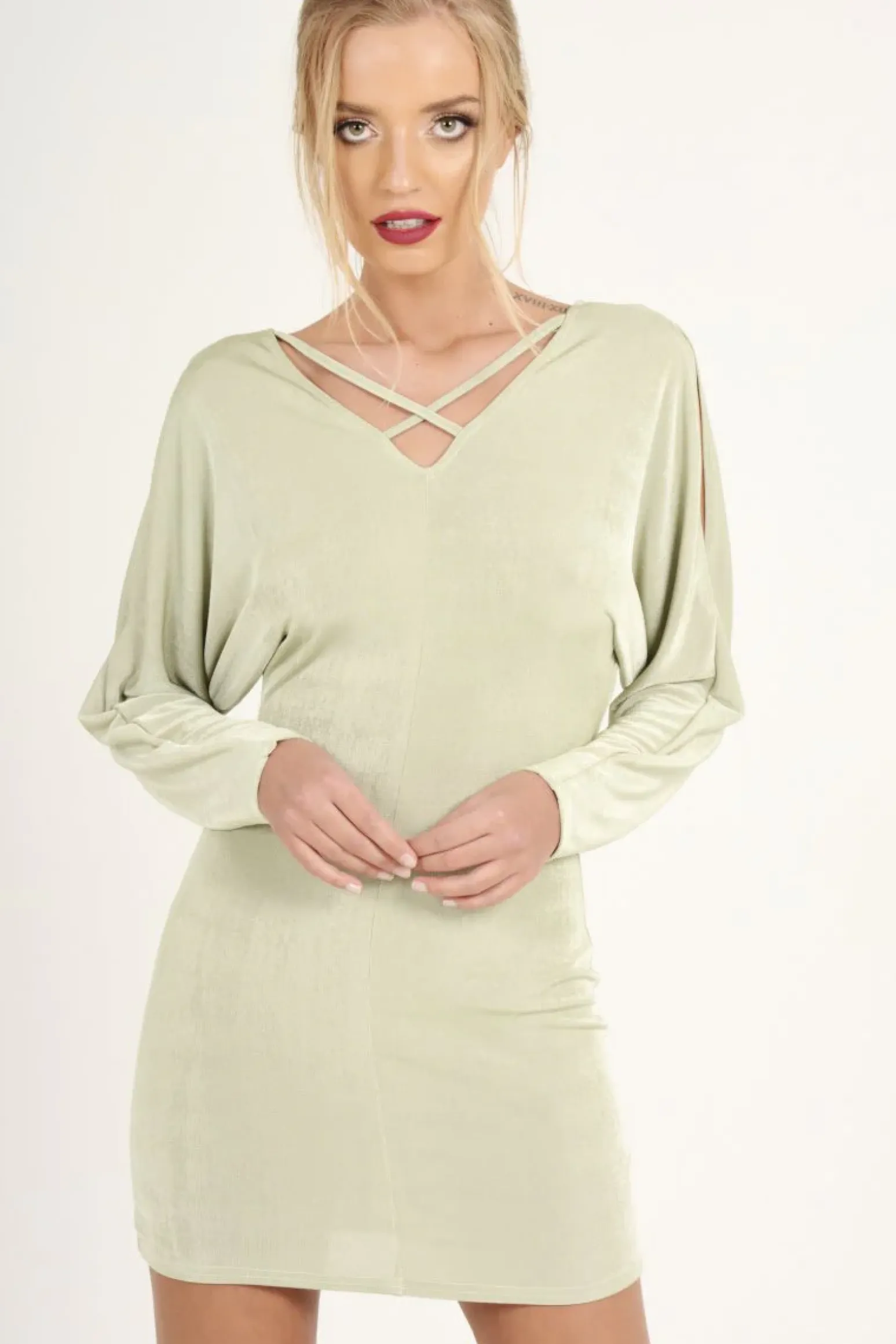 Rebellious Fashion Mint Green Batwing Cold Shoulder Mini Dress - Sonia