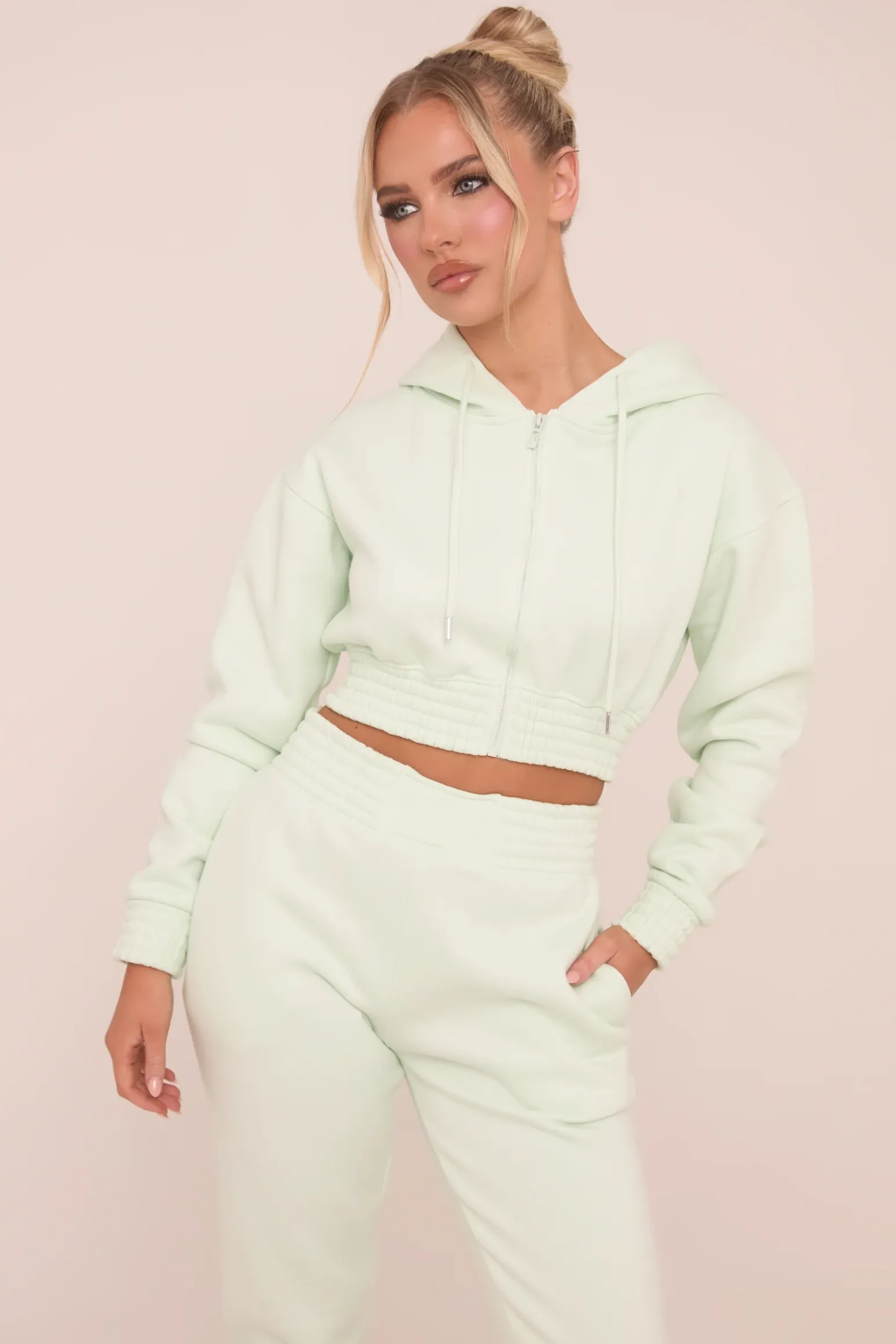 Rebellious Fashion Mint Zip Front Elasticated Detail Loungewear Co-ord Set - Carmel