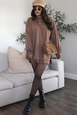 Rebellious Fashion Mocha Oversized Slit Sweatshirt Dress - Kierell