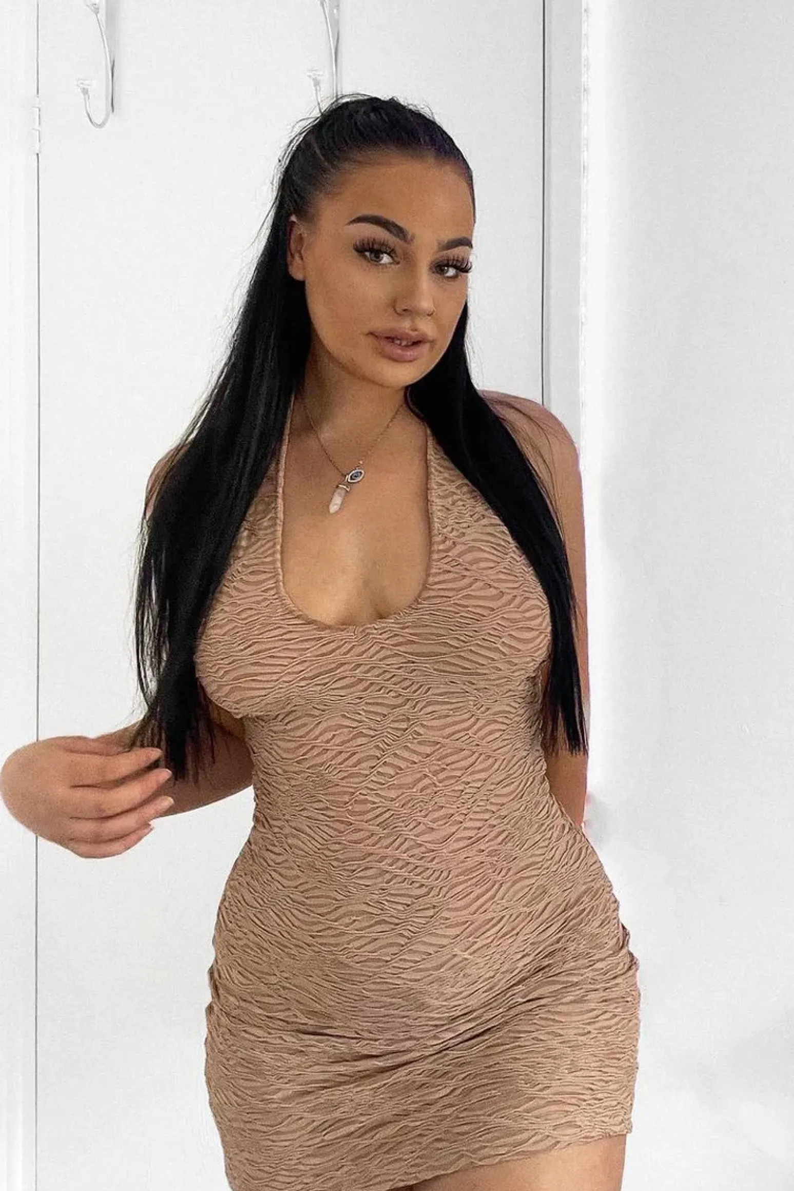 Rebellious Fashion Mocha Textured Knitted Halter Neck Mini Dress - Carmo