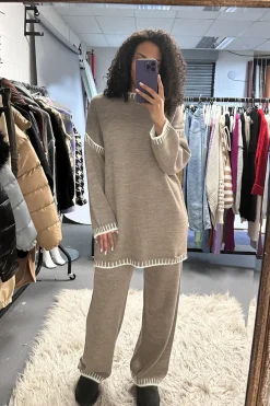 Rebellious Fashion Mocha Contrast Stitch Knitted Co-ord Set - Storm
