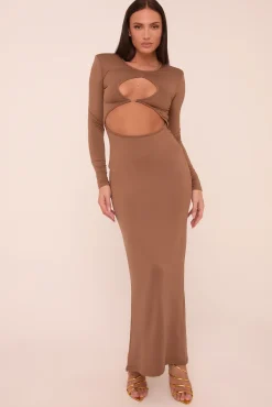 Rebellious Fashion Mocha Cut Out Front Long Sleeves Maxi Dress - Elodie