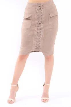 Rebellious Fashion Mocha Lace Up Front Suede Midi Skirt - Cacia