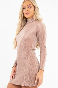 Rebellious Fashion Mocha Plisse High Neck Mini Dress - Marieta