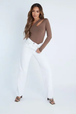 Rebellious Fashion Mocha Slinky Cut Out One Sleeve Bodysuit - Debby