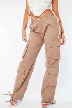 Rebellious Fashion Mocha Tie Hem Denim Cargo Trousers - Hayden