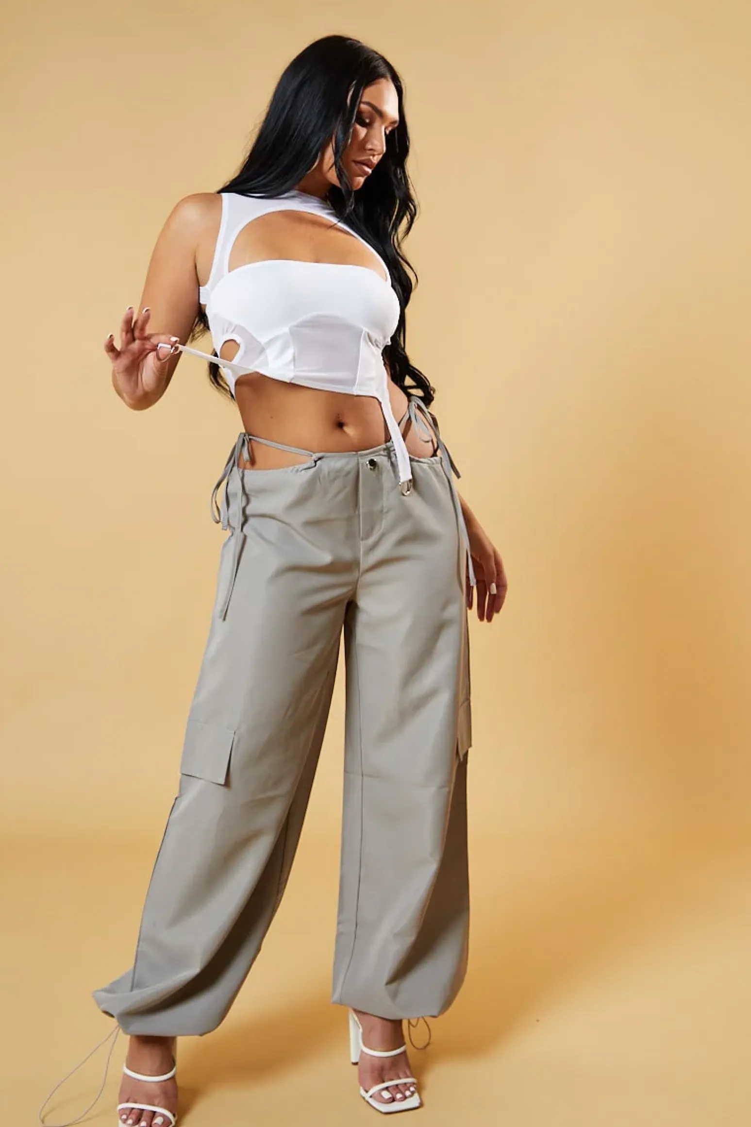 Rebellious Fashion Mocha Tie Waist Toggle Detail Parachute Cargo Trousers - Eva
