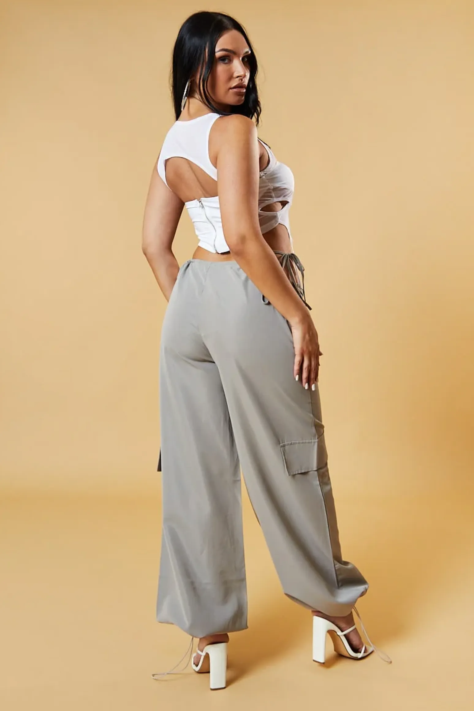 Rebellious Fashion Mocha Tie Waist Toggle Detail Parachute Cargo Trousers - Eva