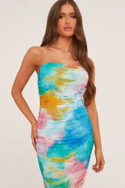 Rebellious Fashion Multi Abstract Print Bandeau Ruched Midi Dress - Blossom