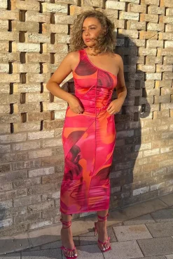 Rebellious Fashion Multi Abstract Print One Shoulder Midi Dress - Pearl