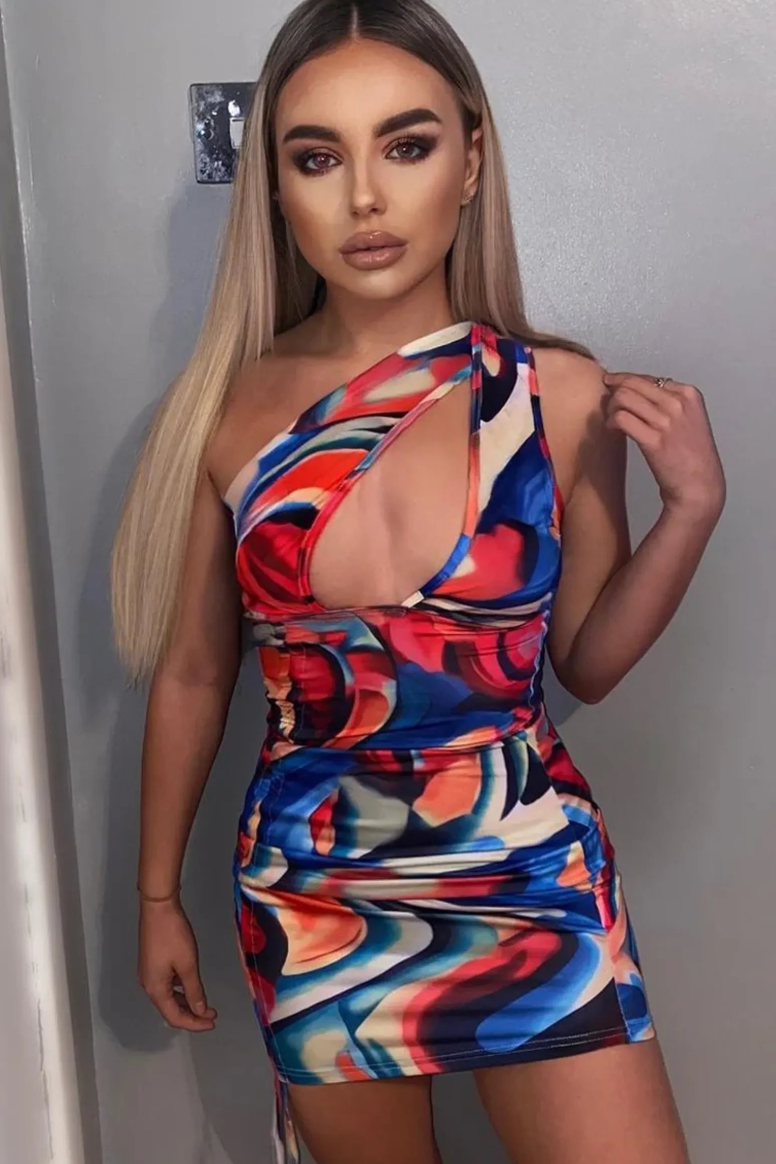 Rebellious Fashion Multi Abstract Side Halter Neck Side Ruched Mini Dress - Addi