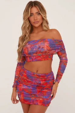 Rebellious Fashion Multi Abstract Print Bardot Crop Top & Ruched Mini Skirt Co-ord Set - Payton