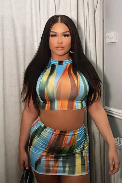 Rebellious Fashion Multi Abstract Print High Neck Crop Top & Mini Skirt Set - Talulla