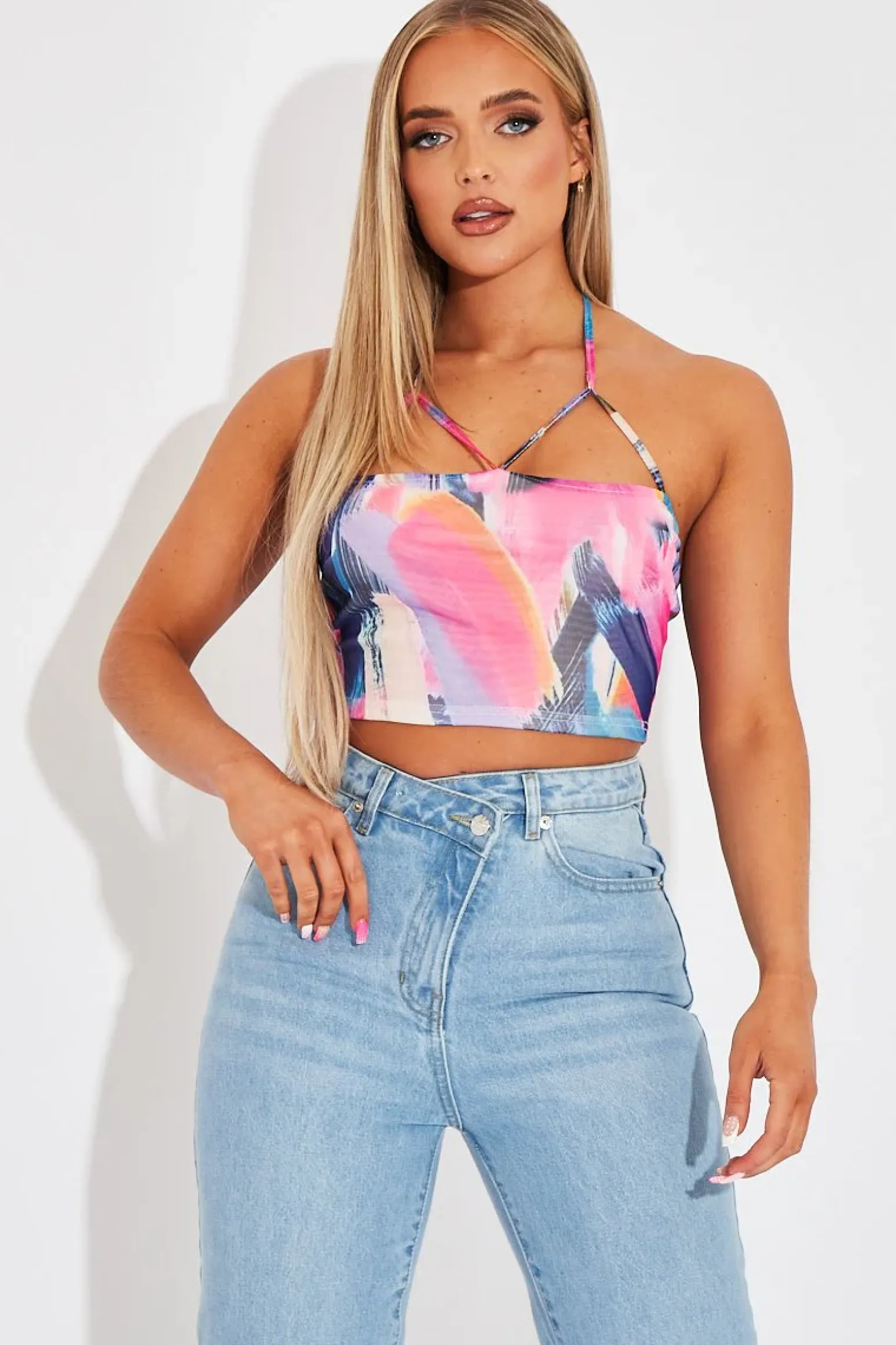 Rebellious Fashion Multi Abstract Print Mesh Halterneck Crop Top - Aggie