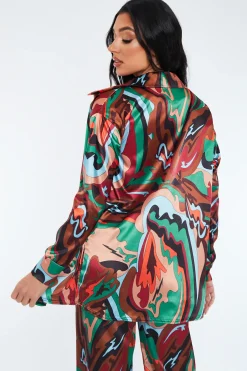 Rebellious Fashion Multi Abstract Print Satin Shirt - Sabella