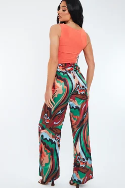 Rebellious Fashion Multi Abstract Print Satin Wide Leg Trouser - Maise