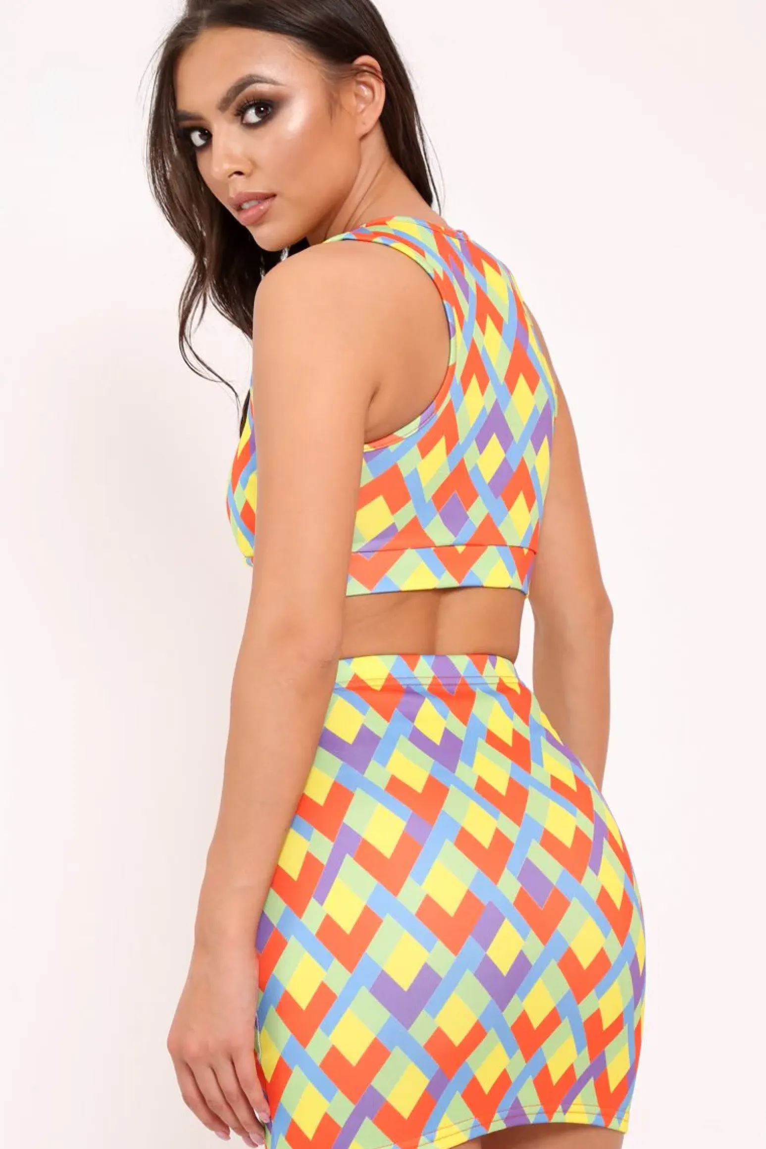 Rebellious Fashion Multi Aztec Print Lace Up Crop Top And Mini Skirt Co-ord - Mabrey