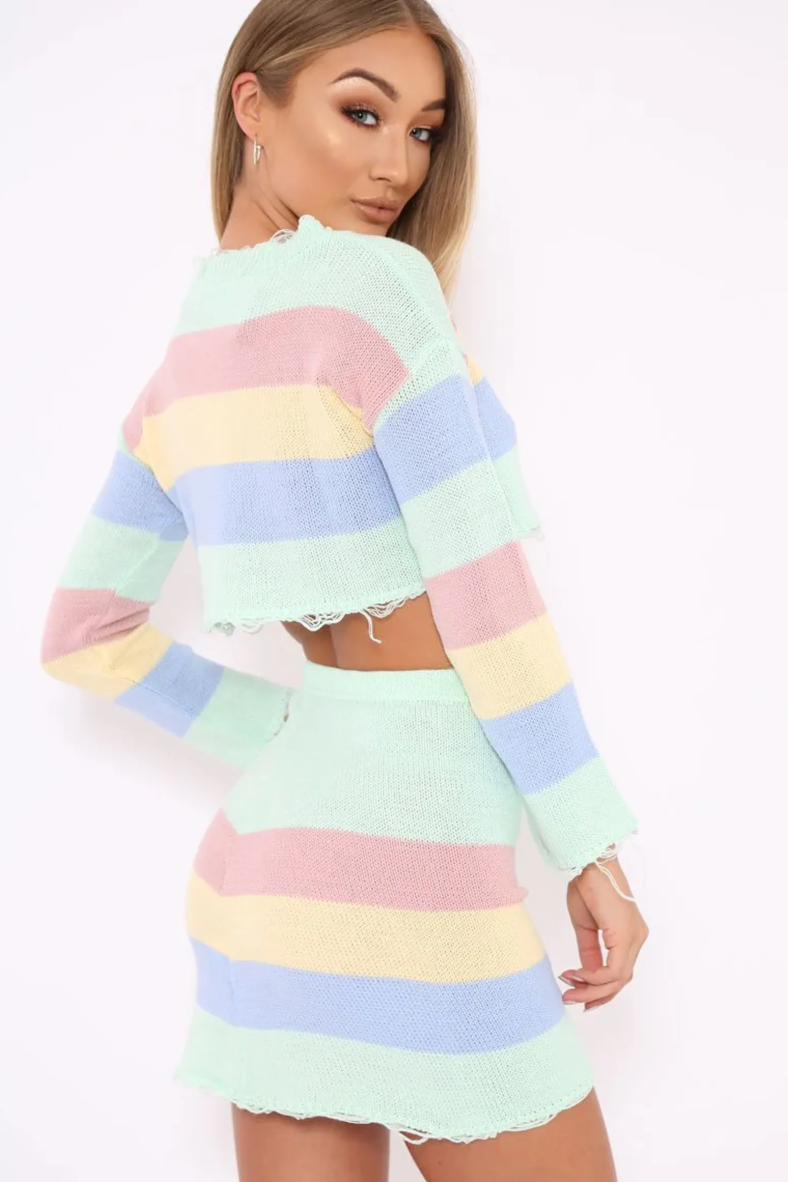 Rebellious Fashion Multi Coloured Pastel Knitted Cropped Jumper And Skirt Co-Ord - Lahna