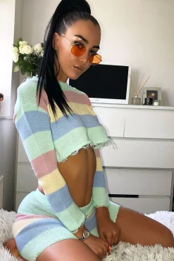 Rebellious Fashion Multi Coloured Pastel Knitted Cropped Jumper And Skirt Co-Ord - Lahna