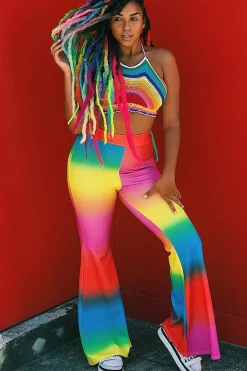 Rebellious Fashion Multi Coloured Rainbow Flared Trousers - Chessa