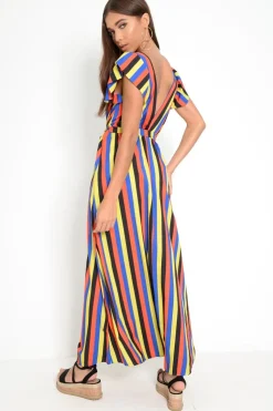 Rebellious Fashion Multi Colour Plunge Wrap Belted Maxi Dress - Carri