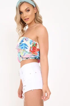 Rebellious Fashion Multi Floral Ruffle Bardot Crop Top - Tiffany