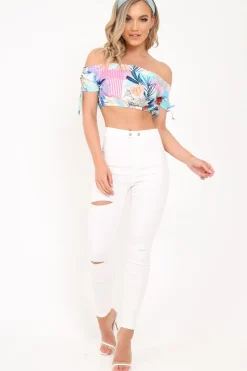 Rebellious Fashion Multi Floral Tie Sleeve Bardot Top - Miana