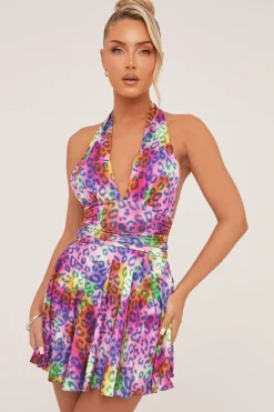 Rebellious Fashion Multi Leopard Print Halter Neck Mini Dress - Aria