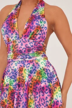 Rebellious Fashion Multi Leopard Print Halter Neck Mini Dress - Aria