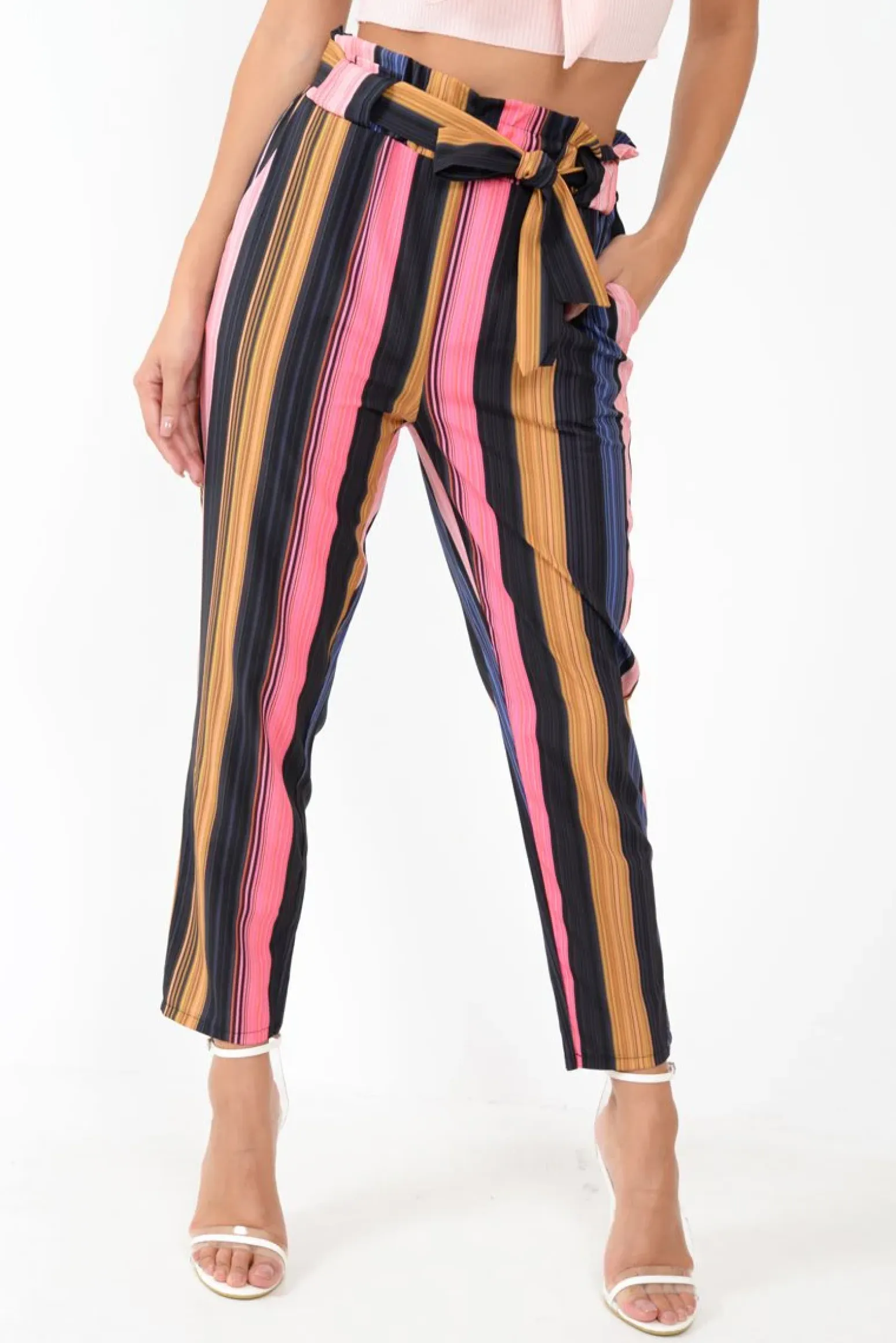 Rebellious Fashion Multi Pink Stripe Tie Waist Tapered Trousers - Midori