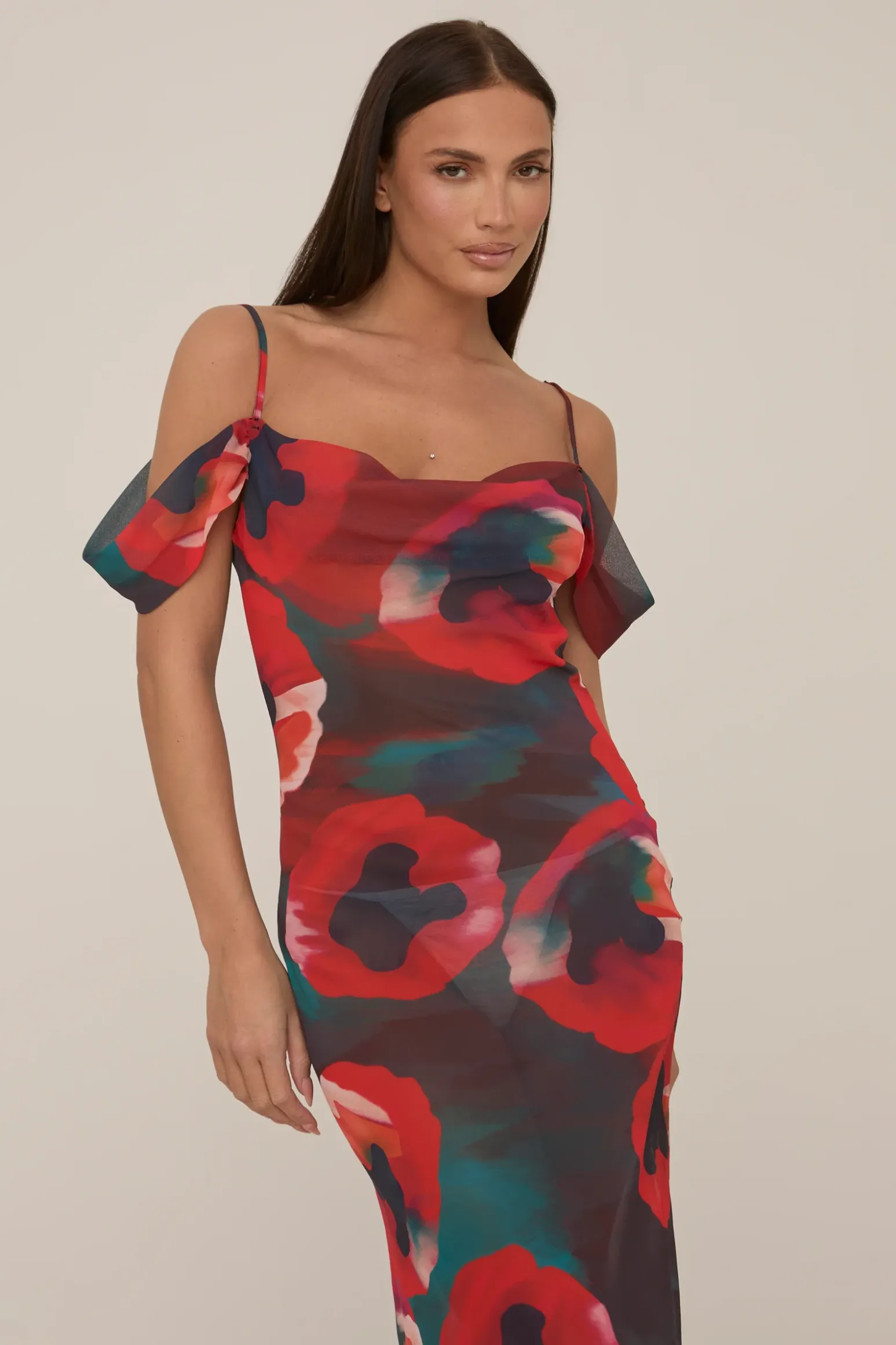 Rebellious Fashion Multi Poppy Printed Sheer Cowl Maxi Dress - Alohi