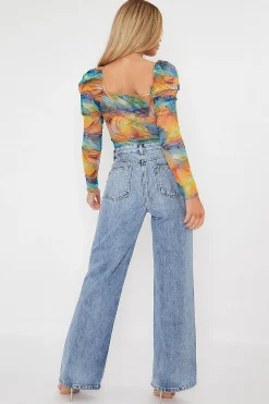 Rebellious Fashion Multi Rainbow Puff Sleeve Bodysuit - Deana
