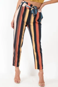 Rebellious Fashion Multi Rust Stripe Tie Waist Tapered Trousers - Midori