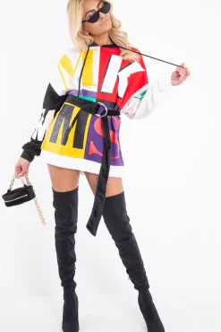 Rebellious Fashion Multi Slogan Print Colour Block Hoodie - Athira
