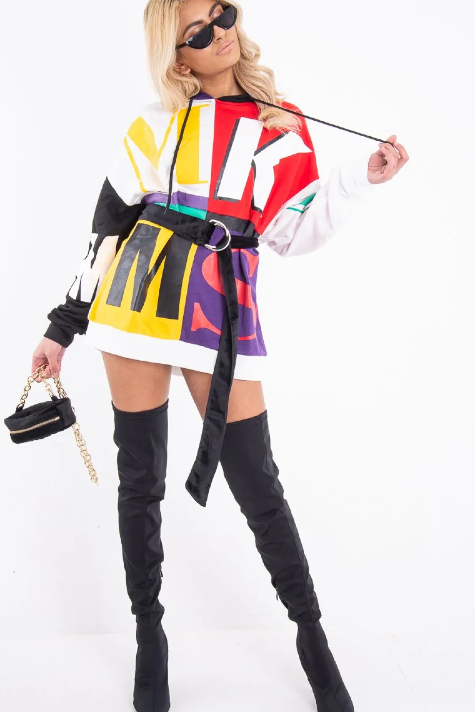 Rebellious Fashion Multi Slogan Print Colour Block Hoodie - Athira