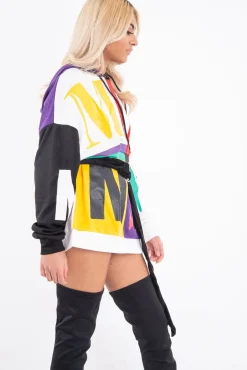 Rebellious Fashion Multi Slogan Print Colour Block Hoodie - Athira