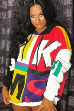 Rebellious Fashion Multi Slogan Print Colour Block Hoodie - Athira