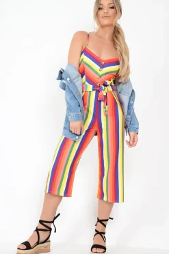 Rebellious Fashion Multi Stripe Button Detail Culotte Jumpsuit - Sapphira