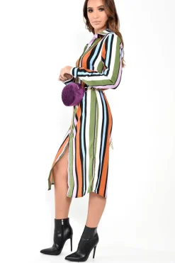 Rebellious Fashion Multi Stripe Button Down Shirt Dress - Wryn