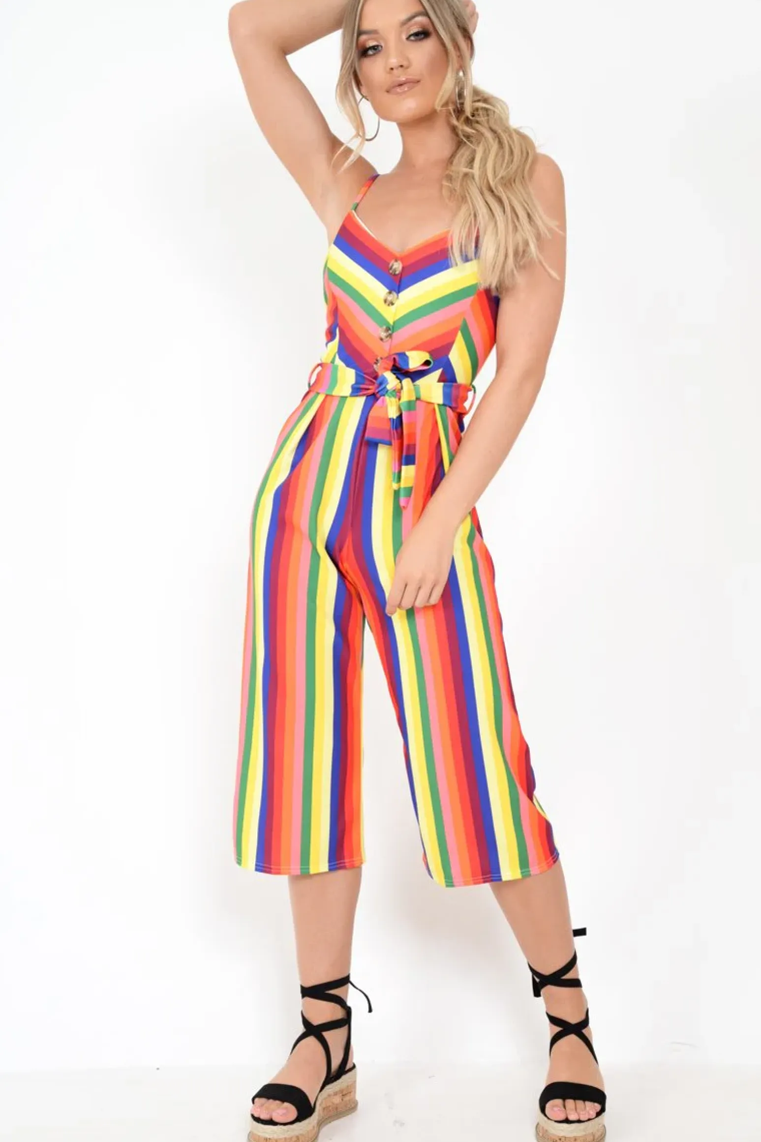 Rebellious Fashion Multi Stripe Button Front Tie Waist Jumpsuit - Tavi